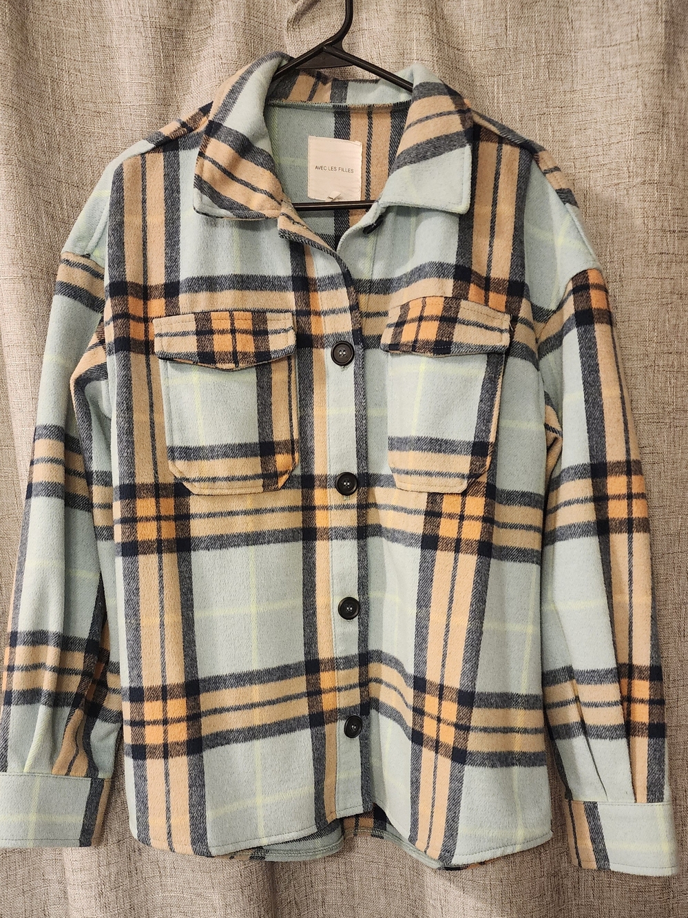 Avec Les Filles Light Blue & Beige Plaid Shacket